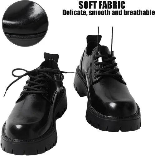 Vista 3 de Zapatos Oxford de cuero con cordones para hombre, plataforma, punta redonda, tacón grueso, suela con tacos, elevadores, suela suave, zapatos