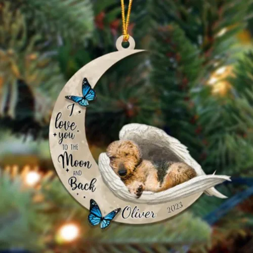 Vista 41 de Adorno colgante personalizado de ángel durmiendo en la luna, perro sabueso afgano, nombre personalizado, acrílico impreso en 2D plano – cumpleaños