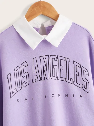Vista 3 de SOLY HUX Girl's Contrast Collar Letter Print Long Sleeve Pullover Top Sweatshirt