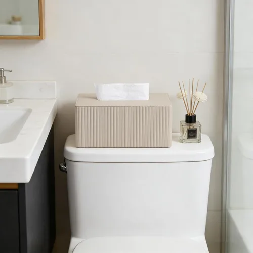 Vista 6 de Funda de Caja de Pañuelos de Cuero PU para Caja de 120 (3 Capas)/160 (2 Capas) Pañuelos, Soporte de Caja de Pañuelos Rectangular para Baño Rayas