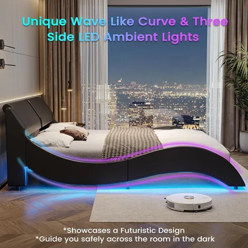 Vista 7 de DICTAC Base de cama King con puertos de carga y cabecero, base de cama de plataforma tamaño King con luces LED onduladas como curvas, soporte