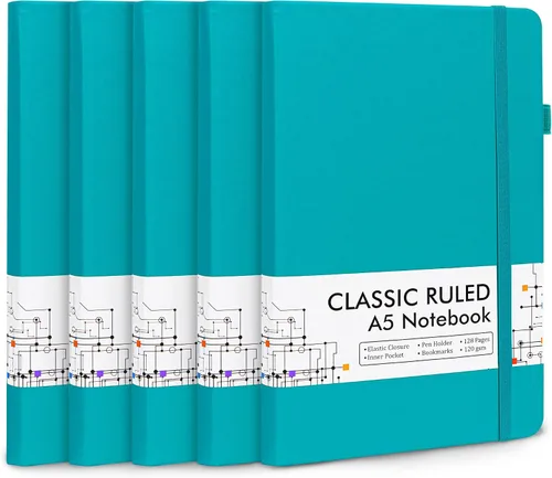 Vista 14 de feela Paquete de 5 cuadernos a granel, cuadernos de tapa dura clásicos rayados con soporte para bolígrafo para mujeres y niñas, suministros