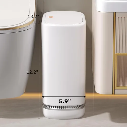 Vista 4 de O-MART Basurero de baño con tapa, delgado de 3.2 galones, cesta de basura superior de prensa estrecha para control de olores y a prueba de perros