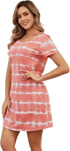 Vista 4 de Inadays Camisón de algodón para mujer, ropa de dormir de manga corta, camisón casual con estampado, pijama holgado y cómodo