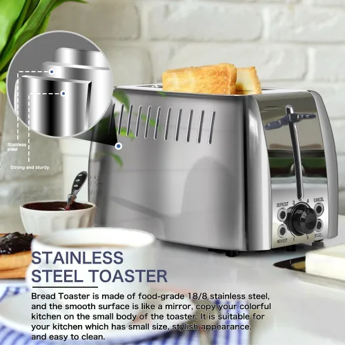 Vista 4 de Tostadoras de acero inoxidable de 2 rebanadas de ranura ancha para bagels 6 Browning Setting, Bagel/Reheat/Defrost/Cancel Function, Slim Toaster 2