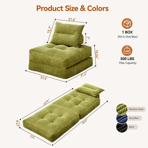Vista 2 de MONVANE Sofá cama plegable, silla convertible 3 en 1, futón plegable con almohada, sofá individual para espacios pequeños, sala de estar, habitación