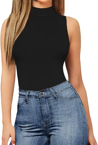 Vista 2 de MANGOPOP Camiseta sin mangas con cuello de tortuga falso, manga corta, leotardo