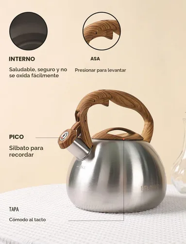 Vista 4 de BELANKO Hervidor de té de 2.7 cuartos de galón para estufas, tetera de acero inoxidable de grado alimenticio con silbato fuerte, mango de madera