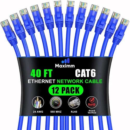 Vista 52 de Maximm Cable Ethernet Cat6 de 7 pies, 10 Gbps 550 MHz, negro, paquete de 12