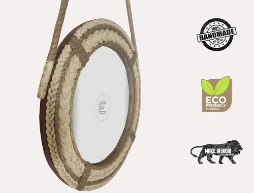 Vista 4 de Espejo redondo náutico costero para sobre el fregadero, decorativo tejido a mano, cola de caballo enmarcada para colgar en el baño, luz de cama