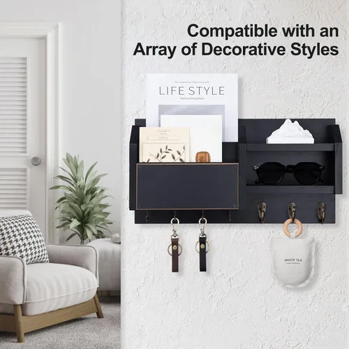 Vista 2 de Lwenki Soporte para llaves y correos – Colgador de pared para llaves con estante y 7 ganchos de metal – Organizador decorativo de entrada de madera
