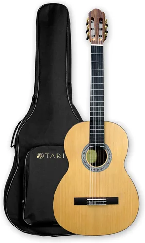 Vista 6 de TARIO Guitarra clásica sin trastes de 39 pulgadas Guitarra acústica tamaño completo Tapa de abeto Ovangkol espalda y lados Okoume diapasón de laurel