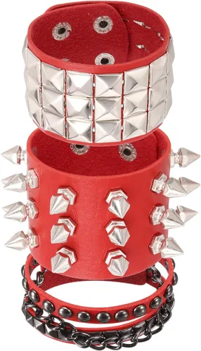 Vista 7 de MECCANIXITY Juego de pulseras de cuero con tachuelas de rock punk, brazalete gótico con púas de PU, pulseras ajustables Emo Grunge, accesorios