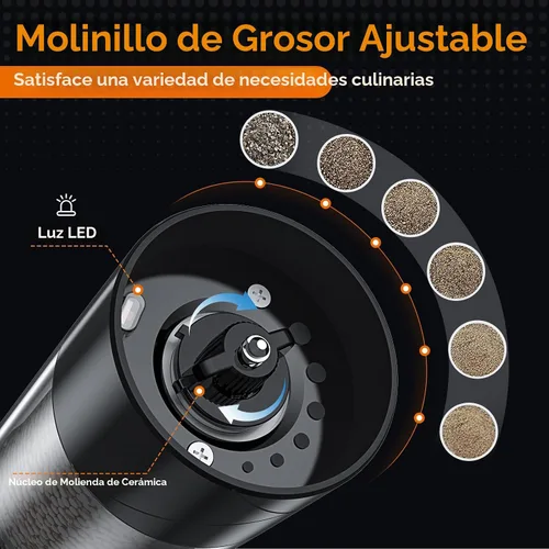 Vista 3 de Lidaop - Juego de 2 molinillos eléctricos de sal y pimienta recargable por USB con luz LED cálida, grosor ajustable, gran capacidad, molinillo