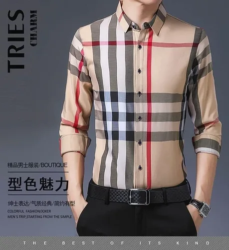 Vista 8 de Camisa de manga larga para hombre de primavera y otoño, a cuadros, casual, holgada, con solapa