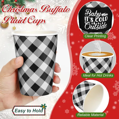 Vista 4 de Layhit 100 Piezas Tazas de Café Navideñas de Cuadros Buffalo, Vasos de Papel Navideños Desechables con Tapas, Fundas y Pajitas Removedoras