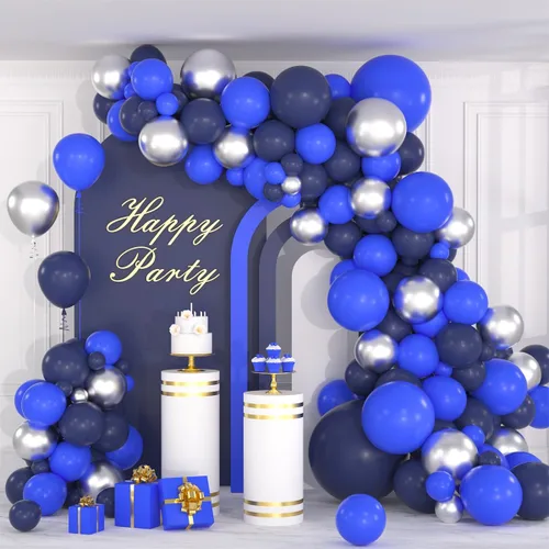 Vista 16 de Juego de globos de confeti azul rey, negro y plateado, arco de globos de confeti azul, negro y plateado para decoración de cumpleaños de bebé jefe