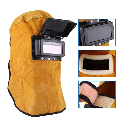 Vista 3 de Casco de soldadura con capucha de soldador de cuero, máscara de soldadura ajustable, casco de soldadura con lente de filtro de oscurecimiento