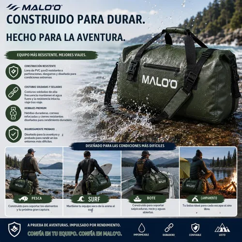 Vista 7 de Bolsa de lona impermeable Malo’o, bolsa de equipo resistente enrollable impermeable con correas para el hombro y bucles Molle, bolsa marina de lona