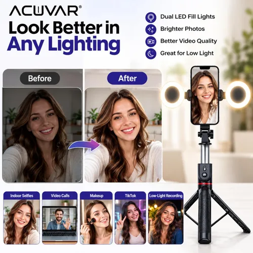 Vista 3 de Acuvar Trípode selfie stick de 71 pulgadas con luces de relleno LED dobles y control remoto Bluetooth para iPhone y Android, soporte de trípode