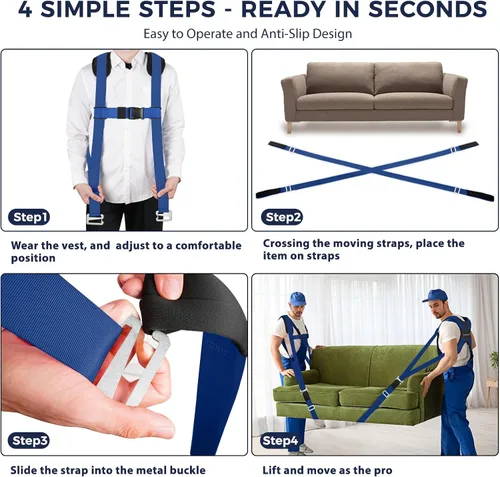 Vista 6 de Ytonet Correas de Mudanza, Sistema de Elevación y Movimiento para 2 Personas con Soporte Trasero Acolchado, Correas de Elevación para Mover Muebles