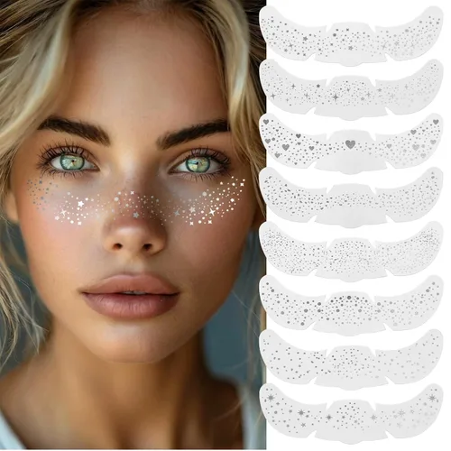 Vista 10 de 24 piezas de tatuajes faciales con purpurina facial, parches de maquillaje con purpurina corporal, parches de manchas brillantes, accesorios