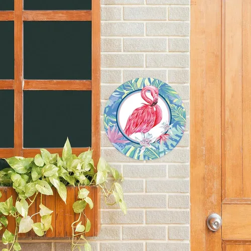 Vista 3 de Letrero redondo de metal con corona de Navidad, diseño de flamenco rosa tropical, decoración de Navidad, para colgar en la pared, arte de metal