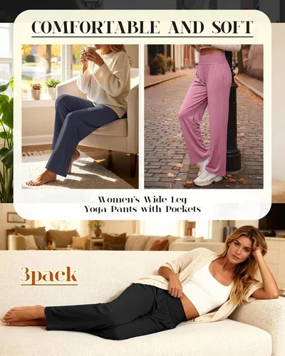 Vista 144 de Neer - Conjunto de 3 pantalones de yoga de pierna ancha para mujer - Pantalones deportivos cómodos, holgados, de cintura alta y casuales