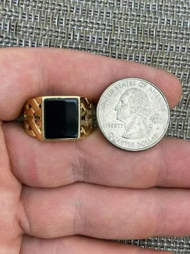 Vista 5 de Anillo de oro de 14 quilates sobre plata de ley 925 maciza real, anillo de ónix negro natural, anillo rectangular de hip hop, precioso anillo