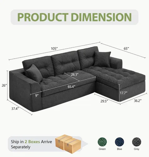 Vista 2 de Hobestluk Sofá seccional modular de sofá deshuesado de 105 pulgadas para 2-Gris