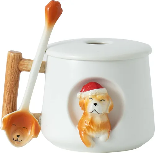 Vista 9 de DIHOclub Taza de café de cerámica con tapa y cuchara a juego, taza con patrón 3D Golden Retriever para té, leche y chocolate, bonita taza
