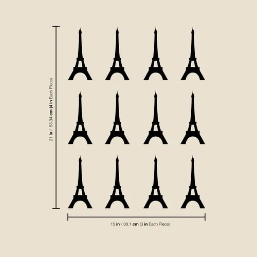 Vista 3 de Juego de 12 calcomanías de vinilo para pared, torres Eiffel, 6 x 3 pulgadas cada una, moderna, elegante, para el hogar, interior, exterior