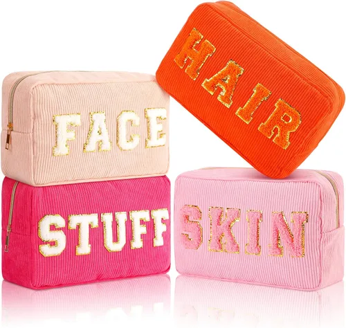 Vista 11 de Pinkunn 4 Piezas Bolsas de Maquillaje Preppy Bolsas de Chenilla con Letras de Viaje Organizador Facial Piel Cabello Higiene Cosmética Bolsa de Aseo