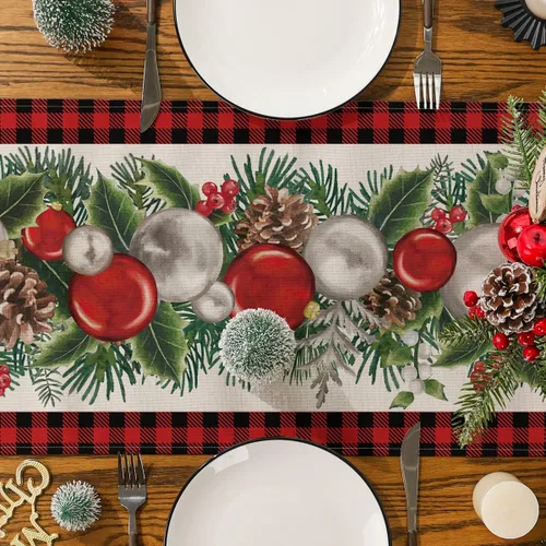 Vista 5 de Siilues Camino de mesa de Navidad, decoración de bolas de Navidad a cuadros, camino de Navidad para mesa, decoración de invierno de temporada