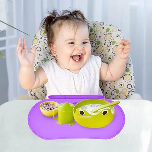 Vista 5 de Tapete individual de silicona para niños, Baby Mumbo, calidad alimentaria con bordes elevados únicos para la prevención de derrames, bandeja ligera