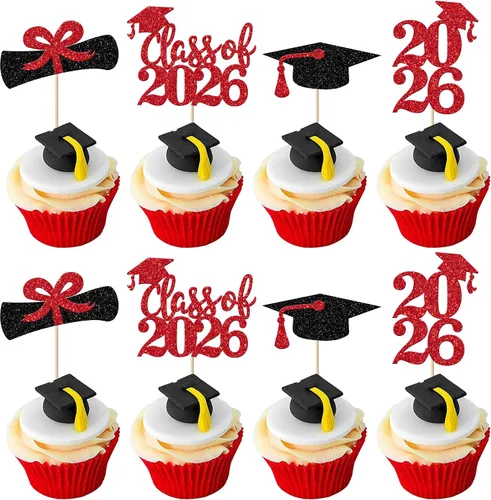 Vista 55 de Paquete de 24 adornos para cupcakes de clase de 2026 con purpurina 2026 para diploma de graduación 2026, selecciones para cupcakes para graduación