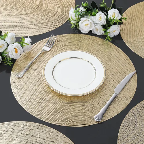 Vista 3 de fanquare Manteles individuales redondos forrados de vinilo dorado metálico para uso diario, boda, aniversario, decoración de mesa de comedor