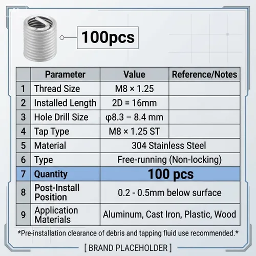 Vista 6 de 100 piezas de acero inoxidable SS304 en espiral de alambre helicoidal insertos de rosca M8 x 1.25 x 2D longitud para reparación helicoidal
