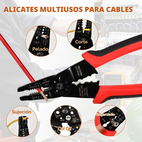 Vista 4 de Luckyway Herramienta profesional para pelacables/engarzado de cables de 8 pulgadas, cortador de alambre de 10-22 AWG, crimpadora de cables