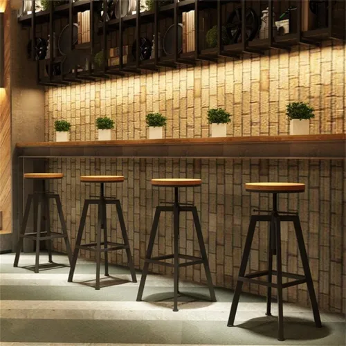 Vista 8 de Taburetes de bar industriales, silla de comedor de cocina, taburete de metal de madera, silla giratoria de altura ajustable, negro, juego de 2