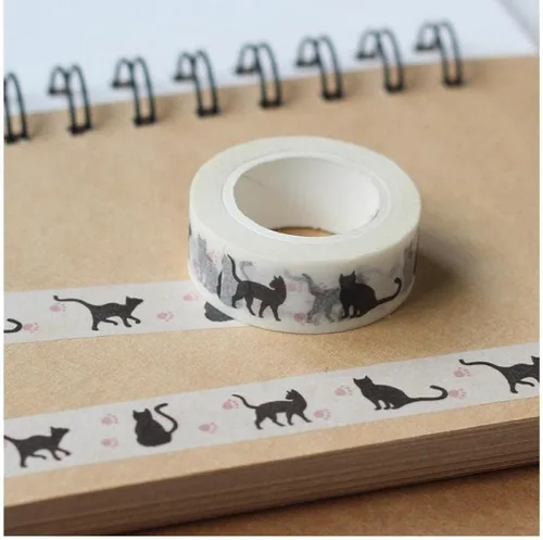 Vista 5 de 1 unidad de 0.591 in x 32.8 ft de dibujos animados de gato negro impresión japonés papel Washi Cintas de enmascarar cintas adhesivas decorativas