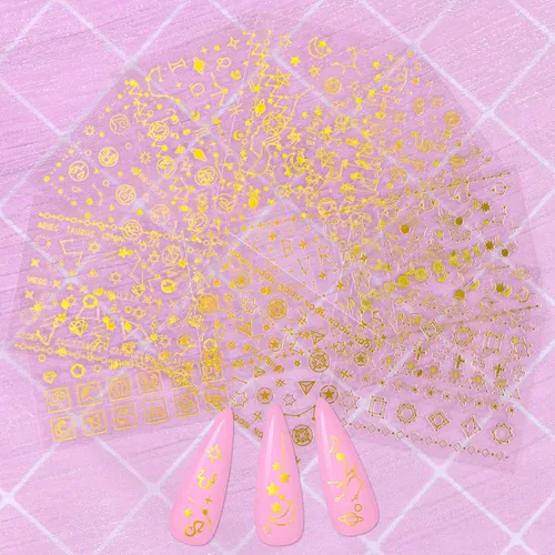 Vista 6 de KISSBUTY 24 calcomanías para arte de uñas de universo, flores doradas, estrellas, constelación de luna