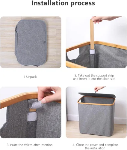 Vista 6 de Cesta de lavandería gris, cestas grandes para lavandería con asas, cestas de lavandería con tapa para dormitorios, baño de bambú, cesta