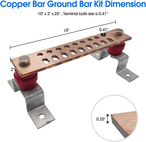 Vista 9 de Barra colectora de cobre para tierra, kit de barra de tierra multiusos de 10 x 2 pulgadas x.25 pulgadas con 18 posiciones de terminal de 0.41