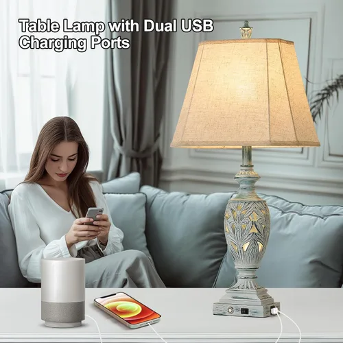 Vista 5 de Juego de 2 lámparas de mesa tradicionales con control táctil de 29.5" de alto, lámparas de mesita de noche vintage con puertos USB duales