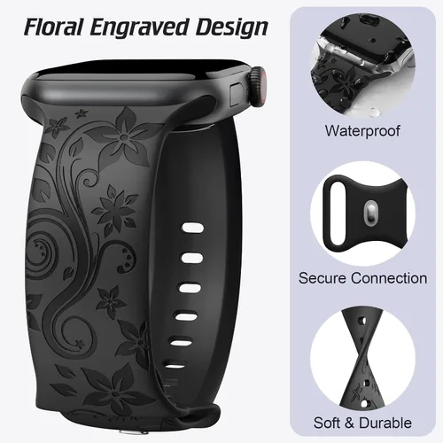 Vista 4 de Paquete de 3 correas con grabado floral compatibles con Apple Watch Band para mujeres de 1.496 pulgadas, 1.575 pulgadas, 1.614 pulgadas, 1.654