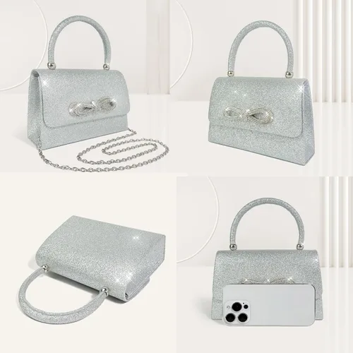 Vista 5 de Bolso de noche con lazo brillante para mujer, con purpurina, con strass, bolso de mano, para cóctel, de graduación, de fiesta, de boda