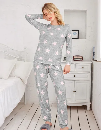 Vista 2 de Ekouaer - Conjunto de pijama para mujer, de manga larga, con estampado de estrellas, ropa de dormir suave con bolsillos