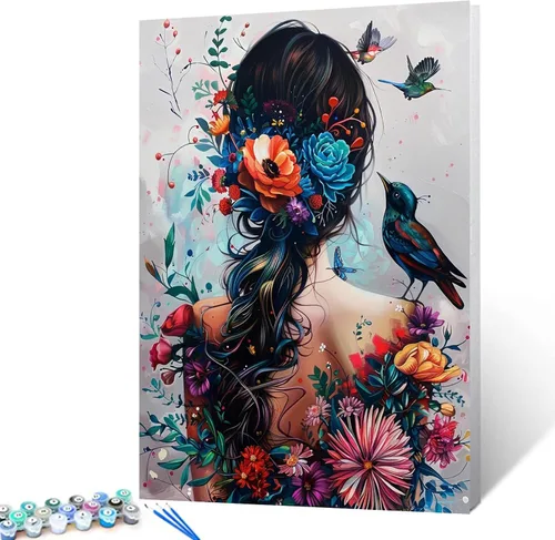 Vista 27 de Pintura por números para adultos, tatuajes de mujeres, pintura por números sobre lienzo, fácil de pintar para principiantes, tatuajes de flores