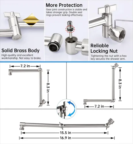 Vista 2 de G-Promise Brazo de extensión para cabezal de ducha de 16 pulgadas, extensor de latón macizo ajustable en altura y ángulo, eleva o baja el cabezal